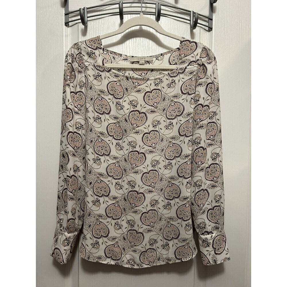 LOFT Floral Blouson Long Sleeve Blouse Top‎ Pink Cream Square Neck Size Small